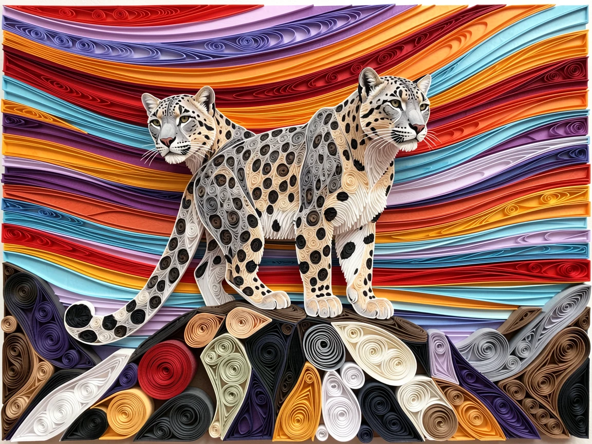 a snow leopard perched on a rocky mountain ledge, along a quiet natural horizon line, composed with strong leading lines toward the subject, beneath a sky streaked with vivid color.