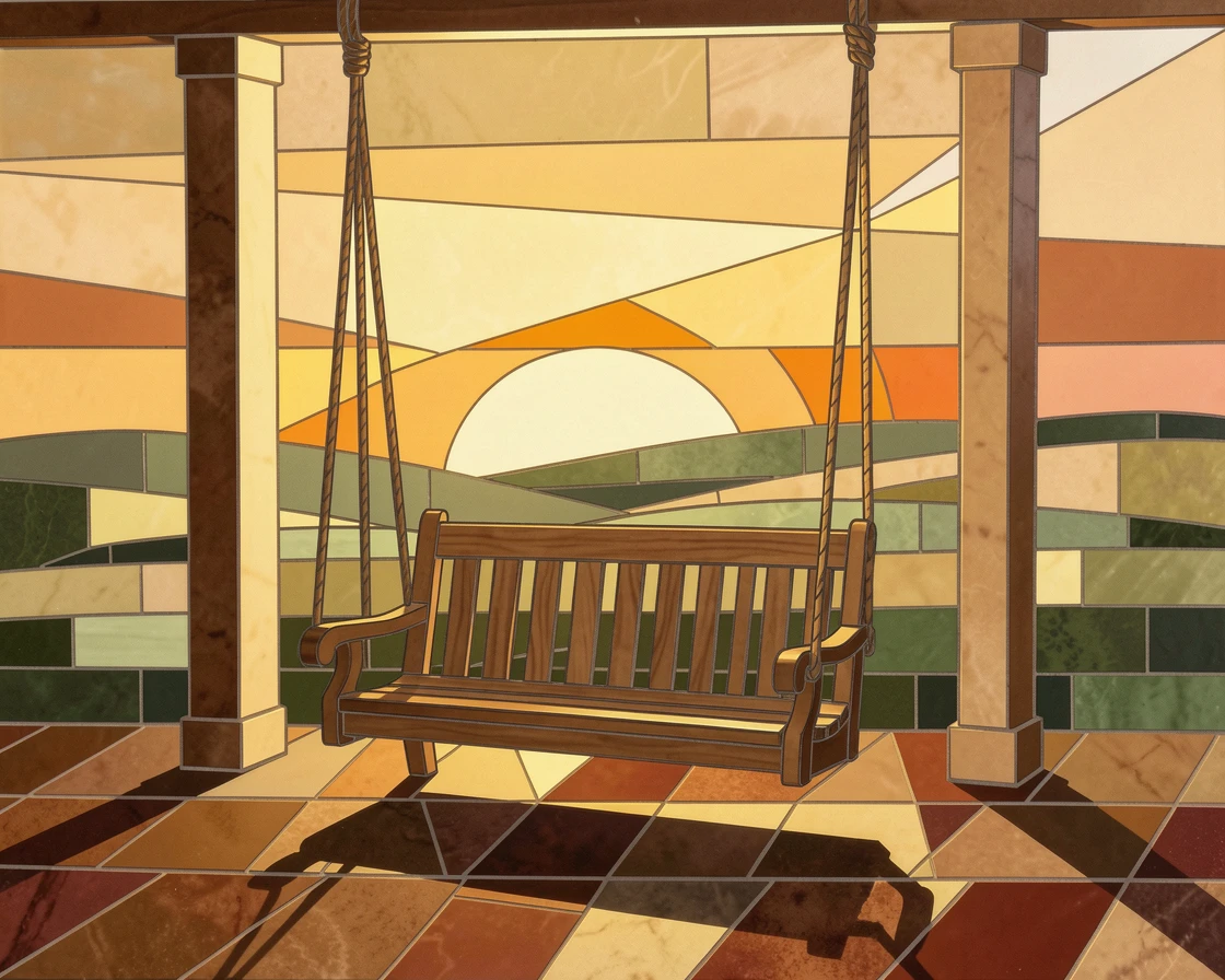 A quiet countryside porch swing overlooking a golden sunset.