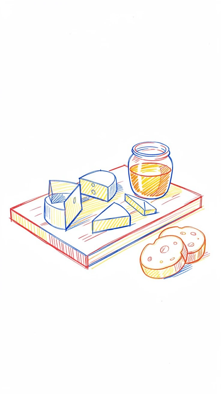 A rustic cheese board with wildflower honey and crusty bread