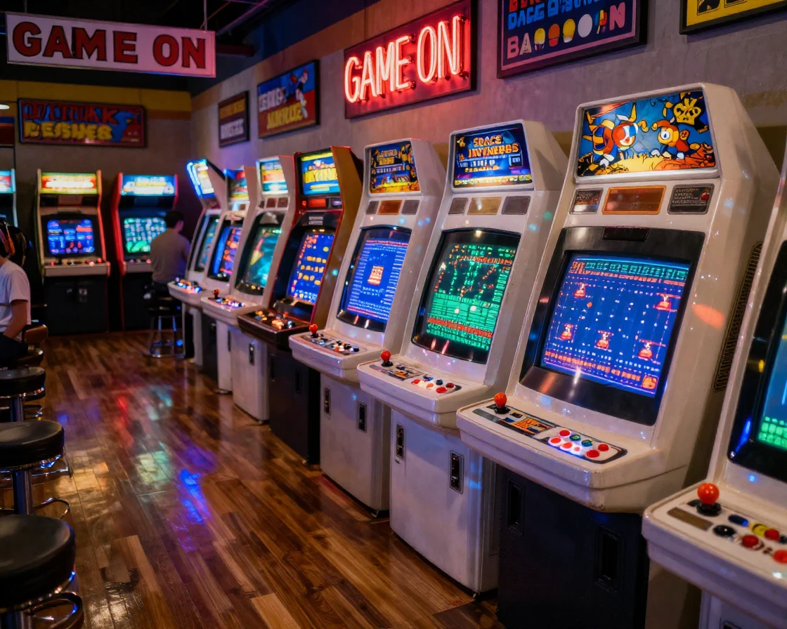 A vintage arcade filled with glowing retro game cabinets