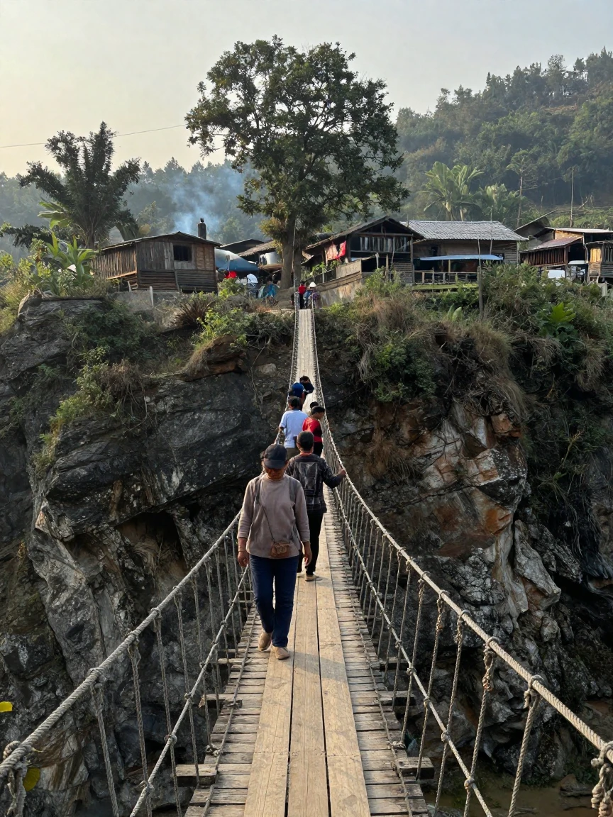 A rope bridge sways gently over a deep gorge connecting two remote villages.