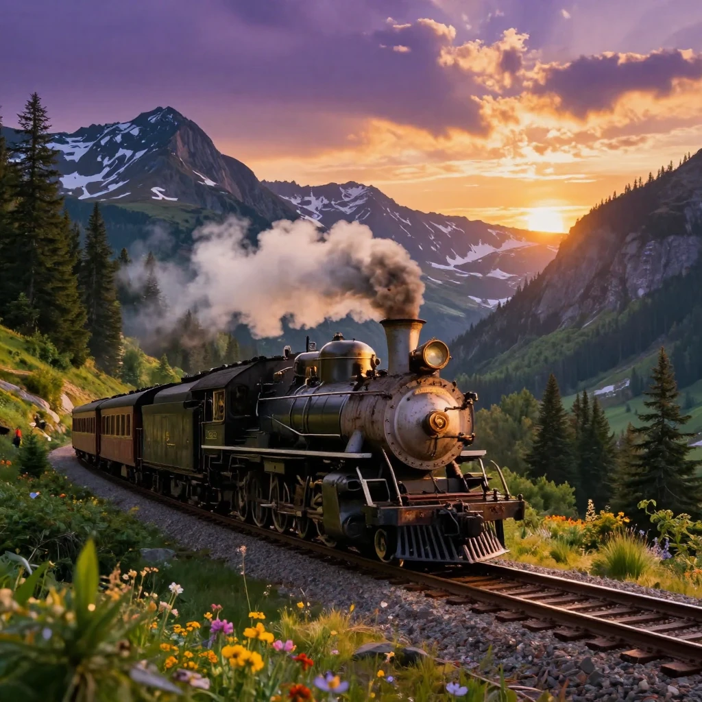 A vintage steam train winding through a mountain valley at sunrise
