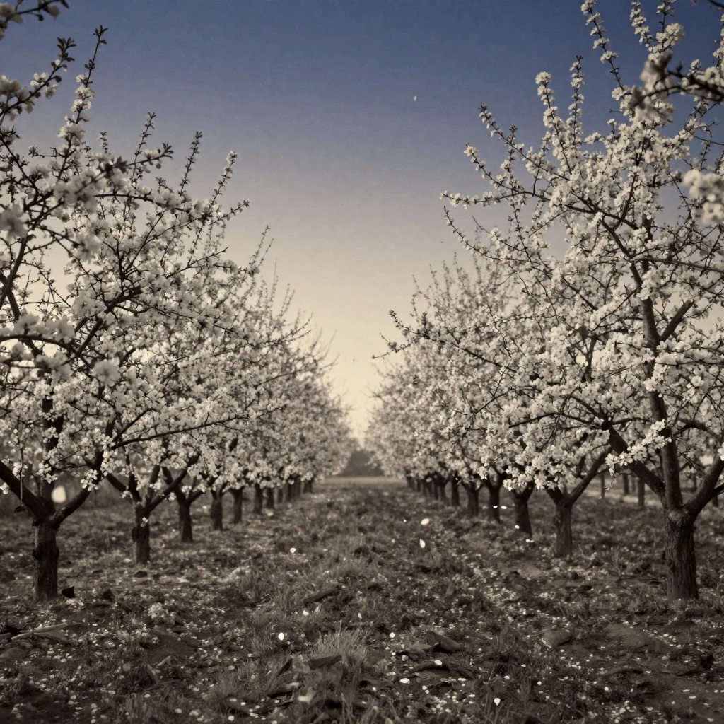 A blossoming orchard with petals drifting on a soft breeze, in the pale light just before sunrise, on a clear, cloudless day, in early spring, with stark black-and-white contrast softened by a single warm hue, from a wide establishing view.