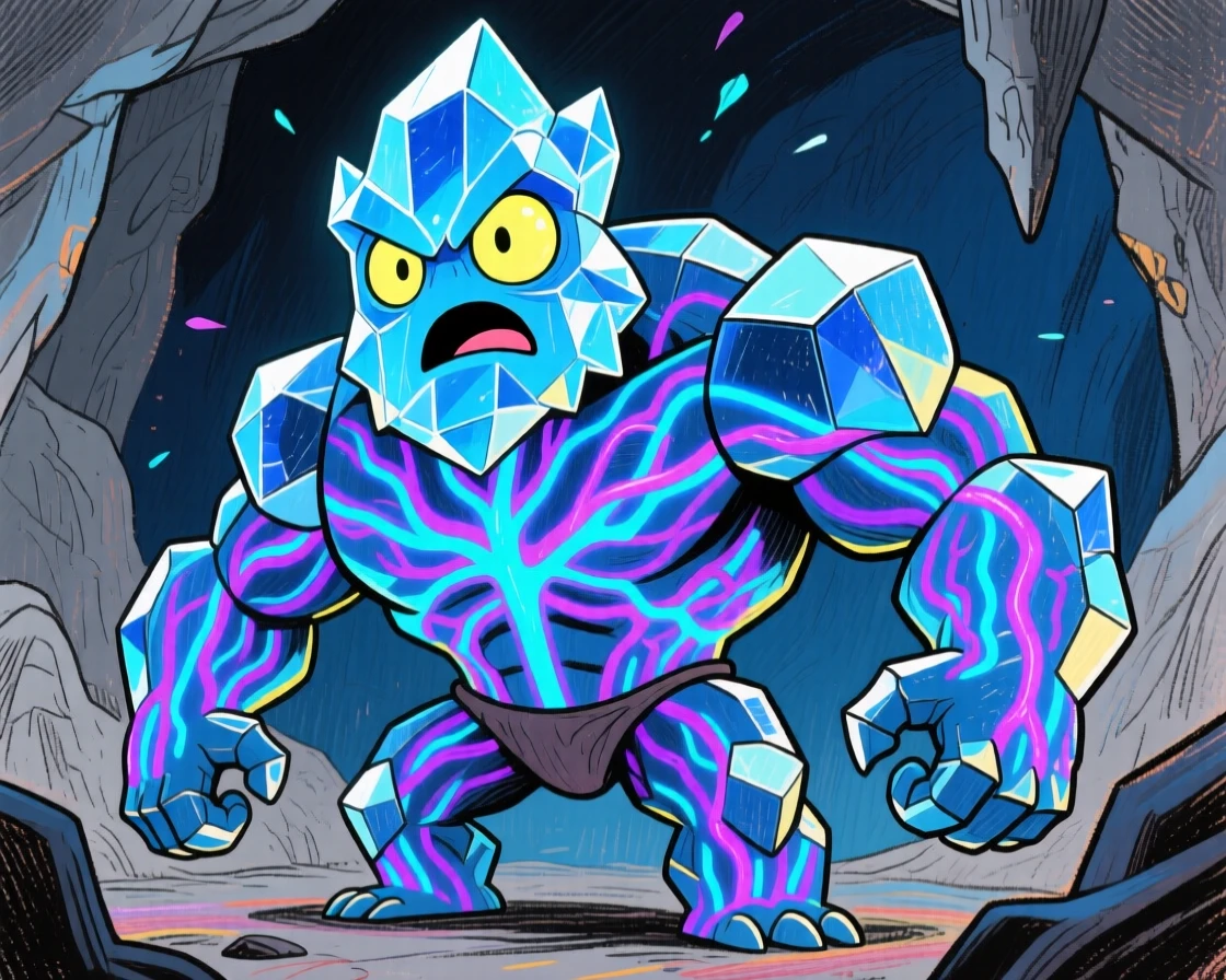 A crystal golem awakening in an underground cavern, glowing veins pulsing with light.