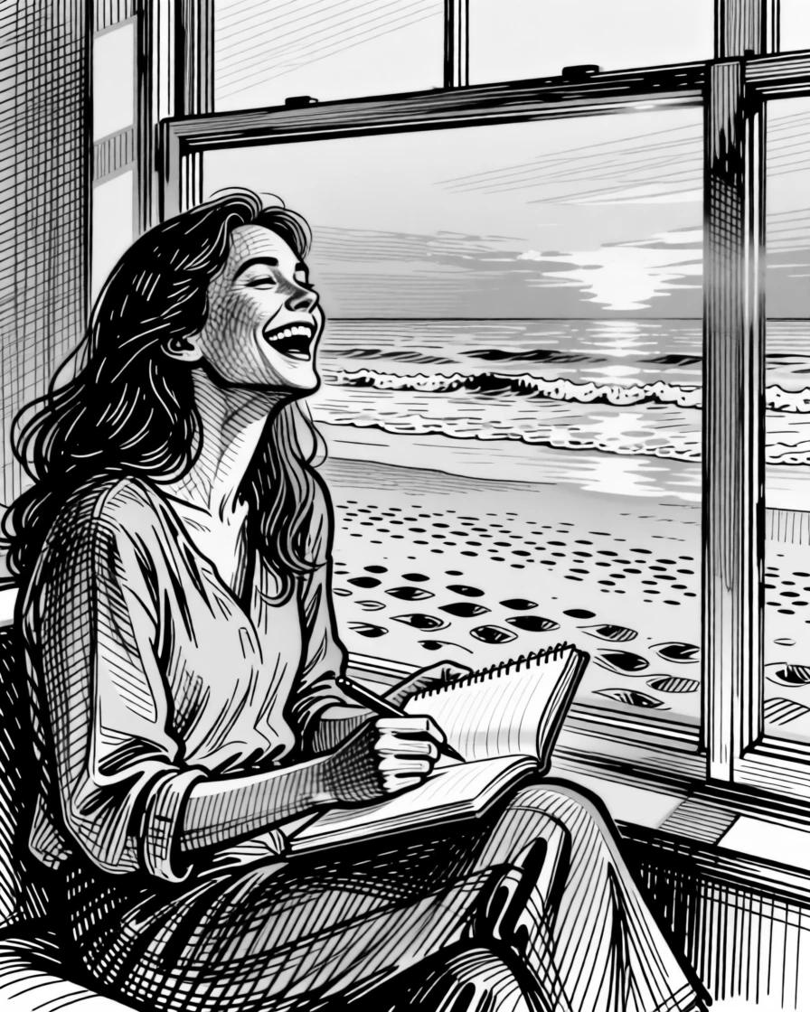 A woman sketching in a notebook by a window on a sandy beach at golden hour, with genuine laughter caught mid-moment, creating a deeply comforting lifestyle scene.