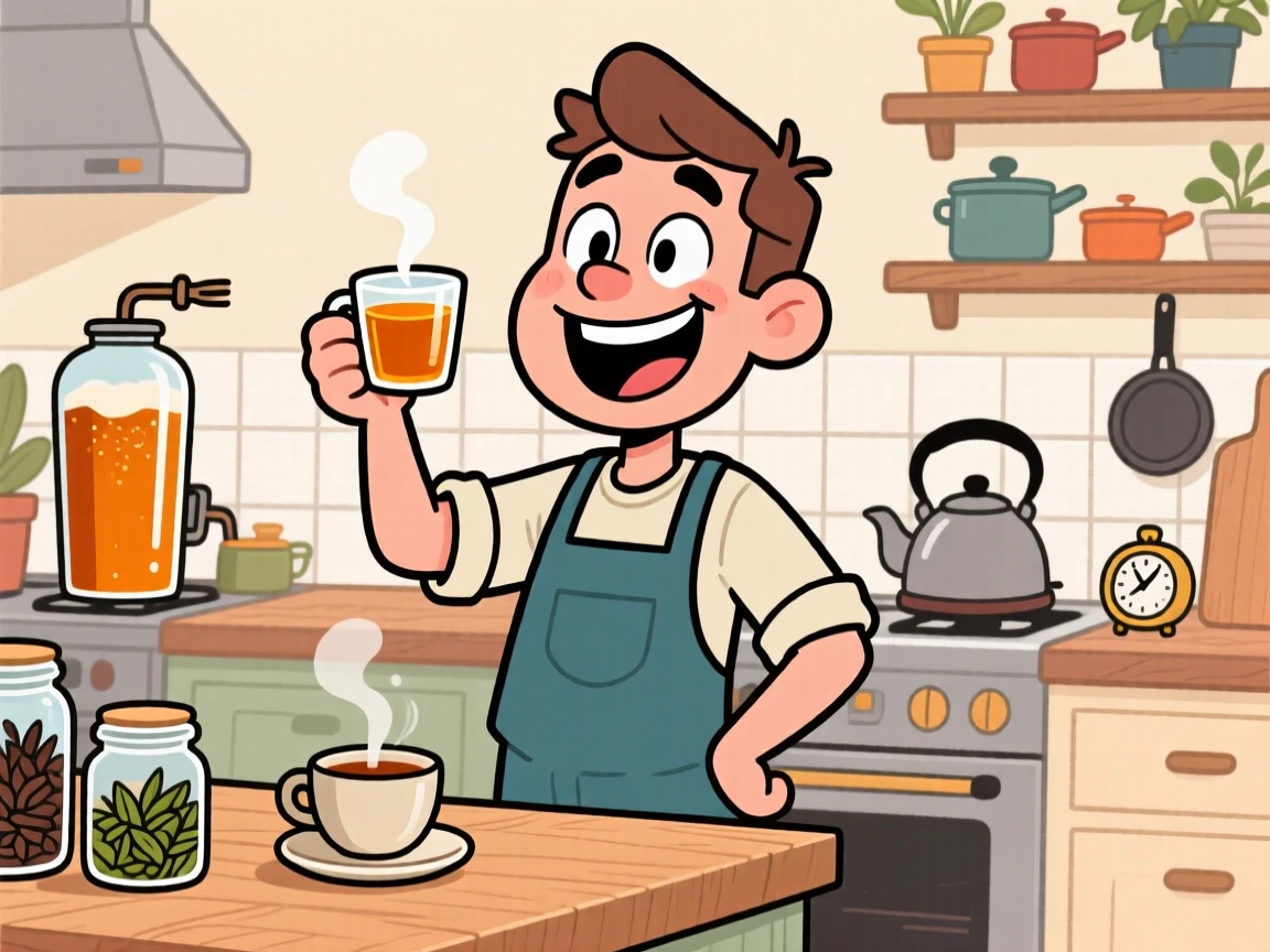 An everyday-life snapshot of a home brewer, grinning at a small but satisfying success, with a cup of tea cooling nearby.