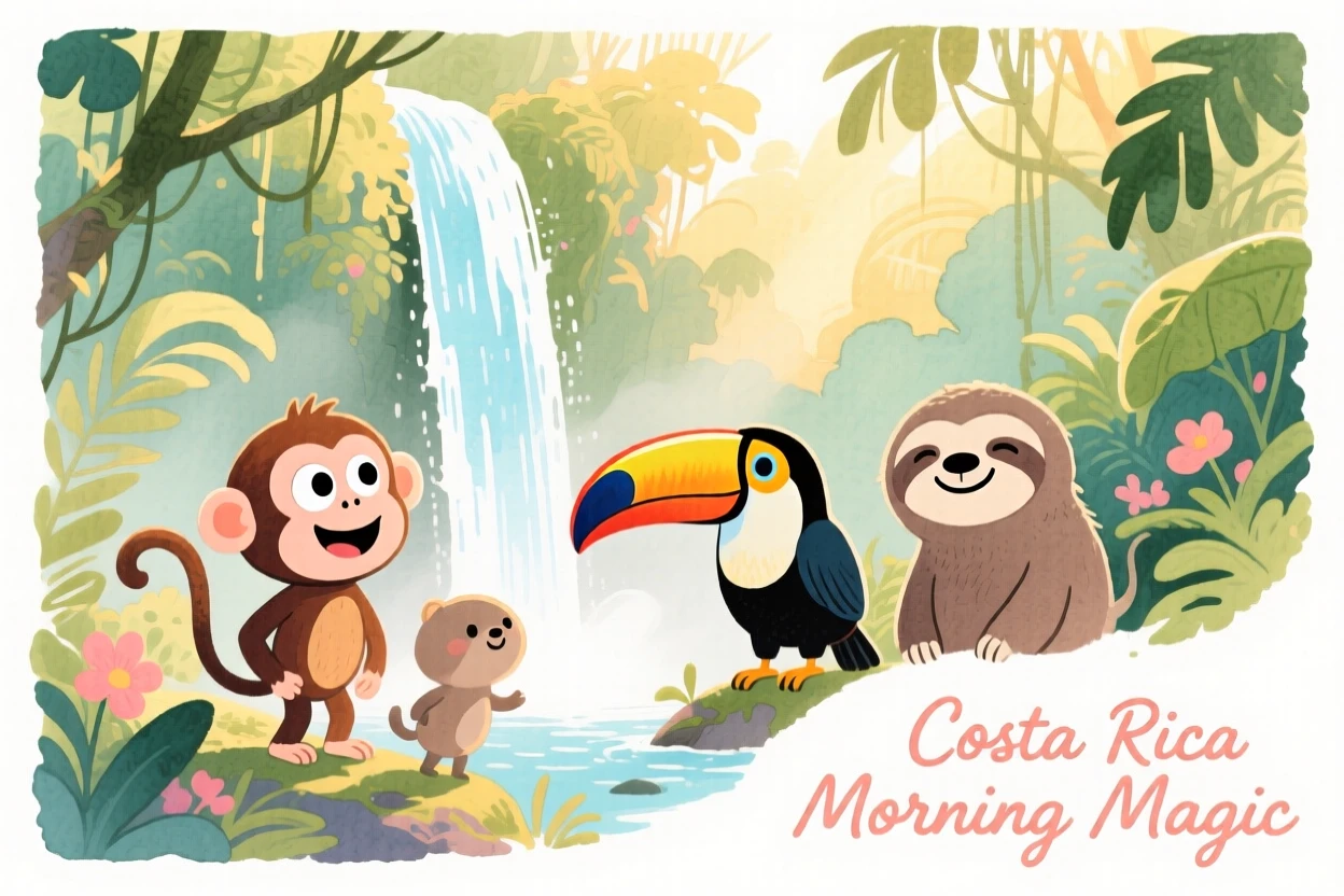 A dreamy travel postcard scene of a hidden waterfall in Costa Rica's jungle bathed in warm morning light