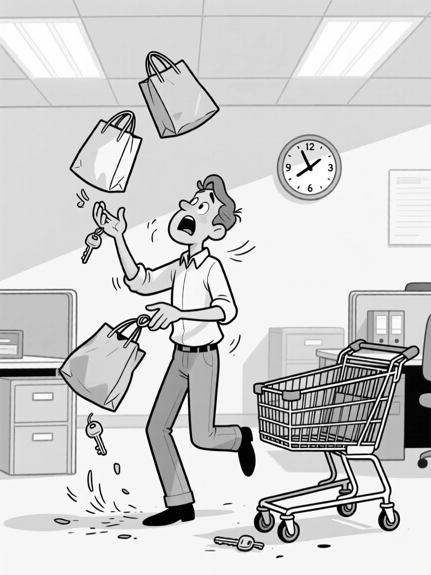 A person juggling grocery bags while fumbling for keys, dropping one bag while frantically digging for keys, set in a fluorescent-lit office at 3pm. A shopping cart wheel spins uselessly in place. The image turns a small mishap into pure comic gold.