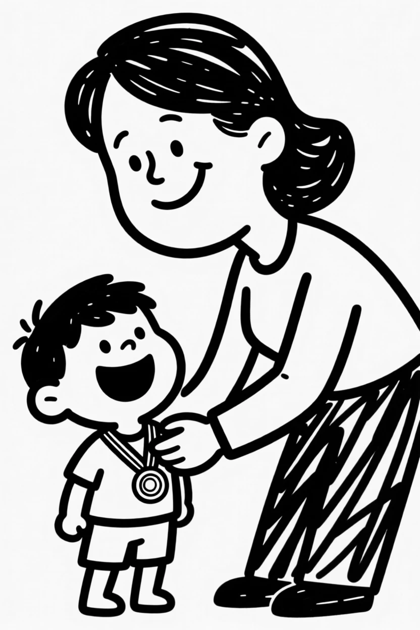 A proud parent pinning a medal on their child after a school achievement ceremony.