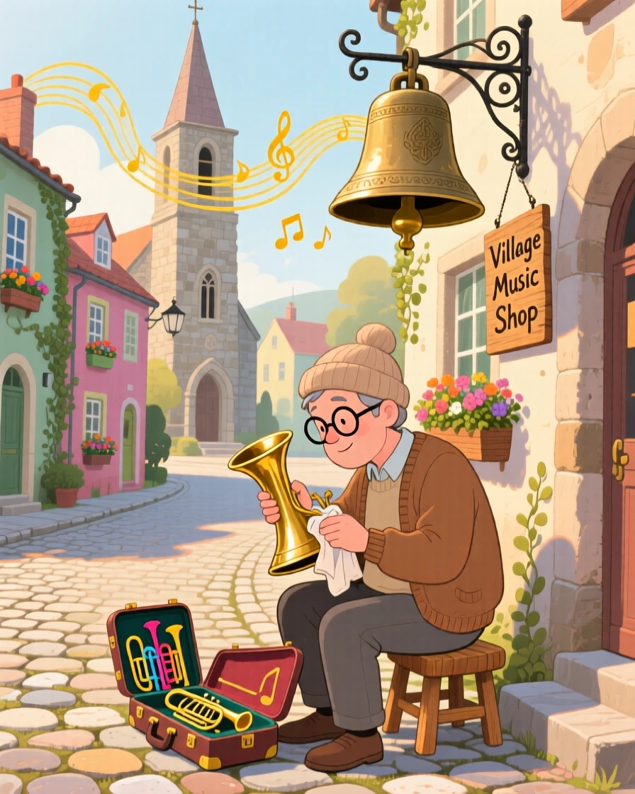 A street musician pauses while polishing an old brass bell in a cobblestone village street, as the church bell rings in the distance.