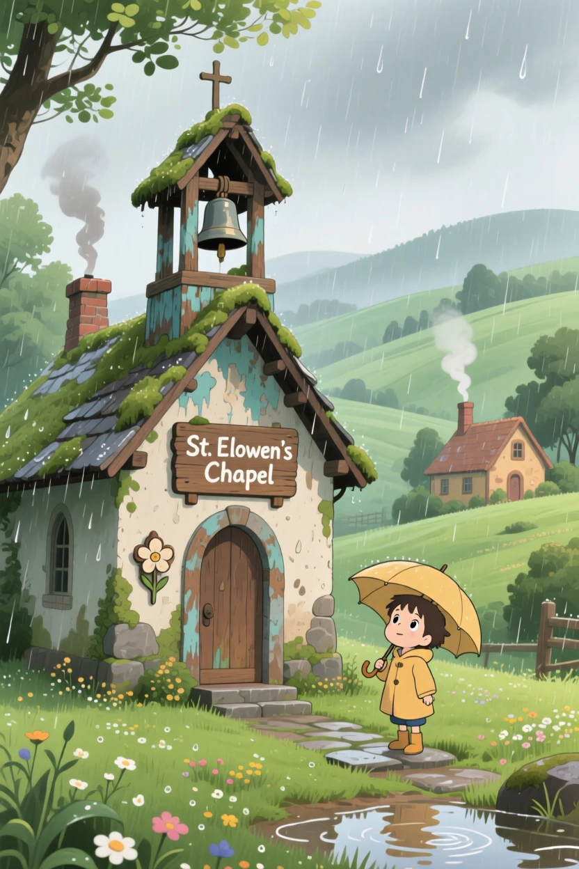 A countryside chapel with a weathered bell tower, with smoke curling gently from chimney tops, during a light spring shower.
