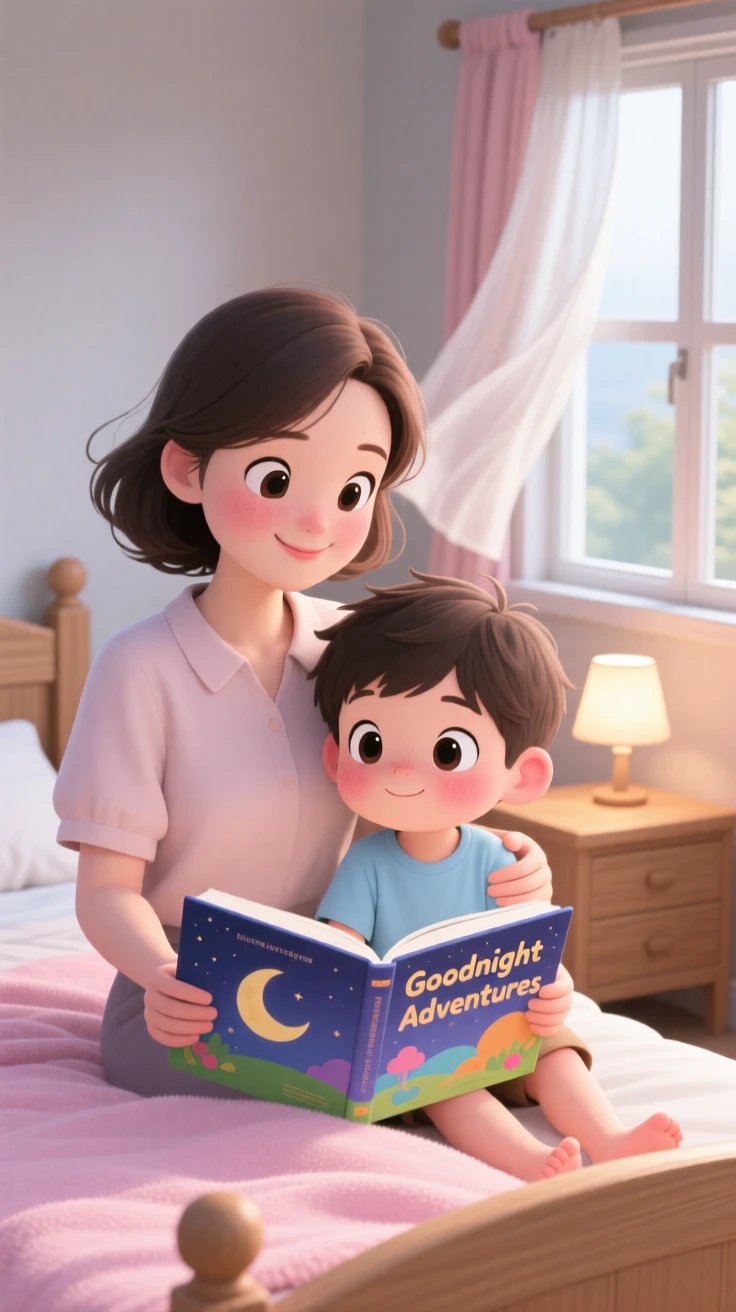 Waist-up portrait of a mother and son, reading a bedtime story together, in a softly lit bedroom, during a light summer breeze, illuminated by diffused overcast light, radiating warm affection.