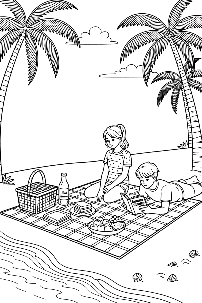 A picnic set up on a checkered blanket near the shoreline, with palm trees swaying just out of frame.