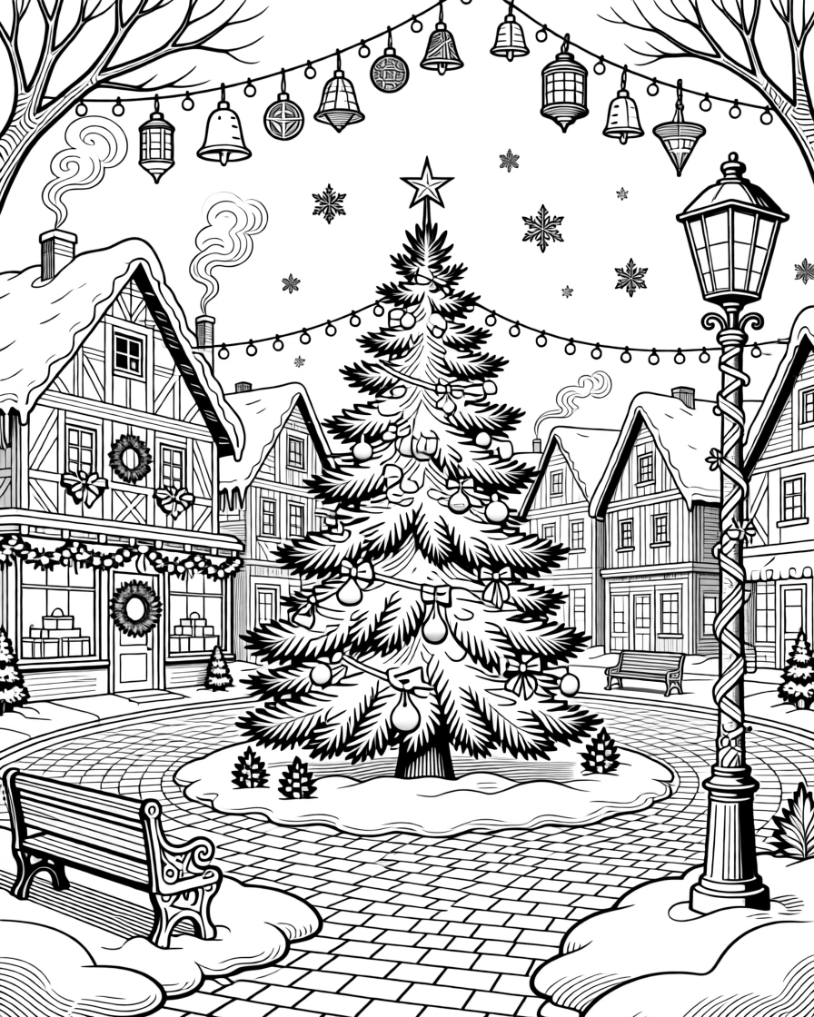 A snow-covered village square decorated with holiday lights.