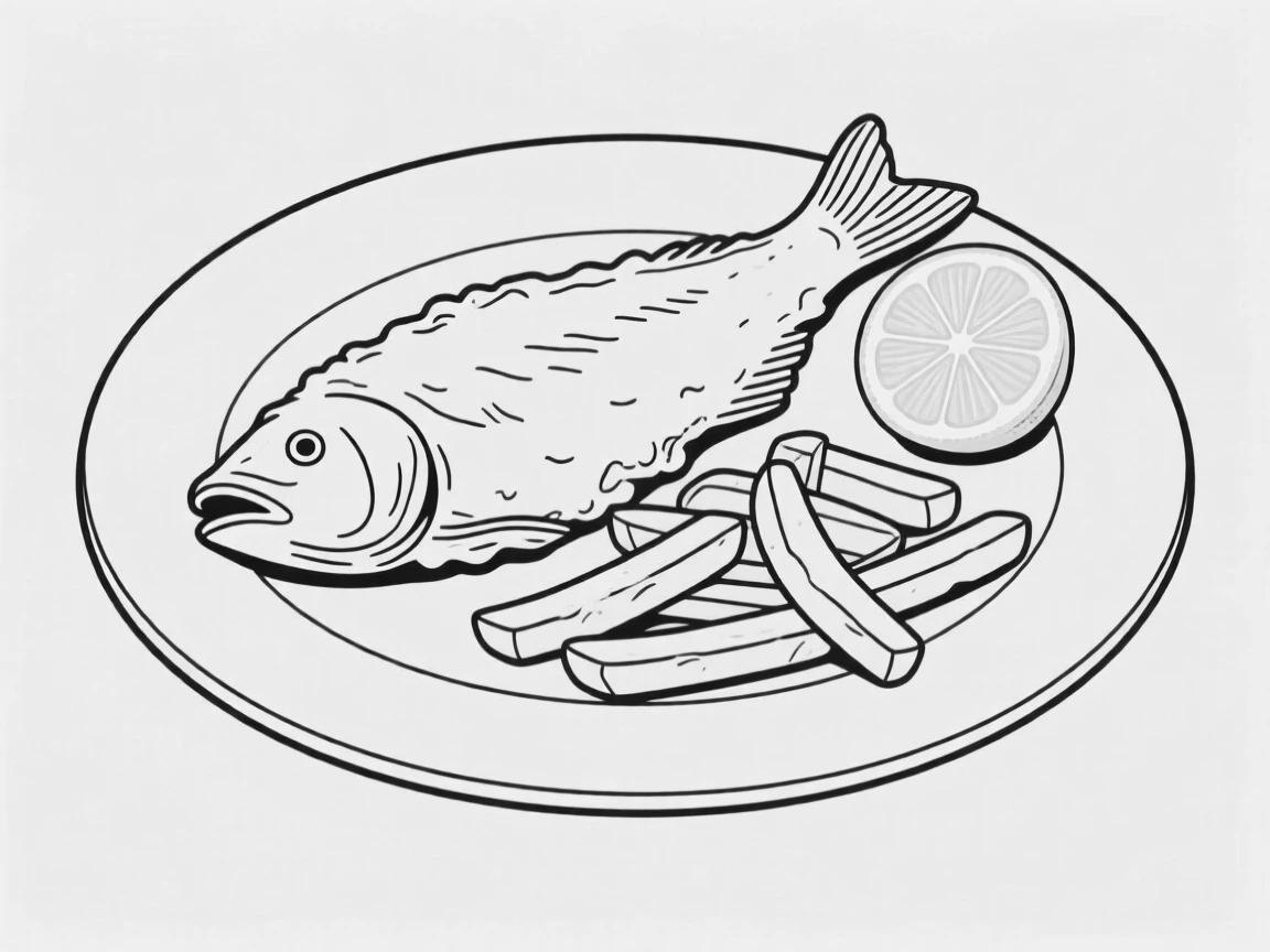 A plate of fish and chips with a lemon wedge garnish