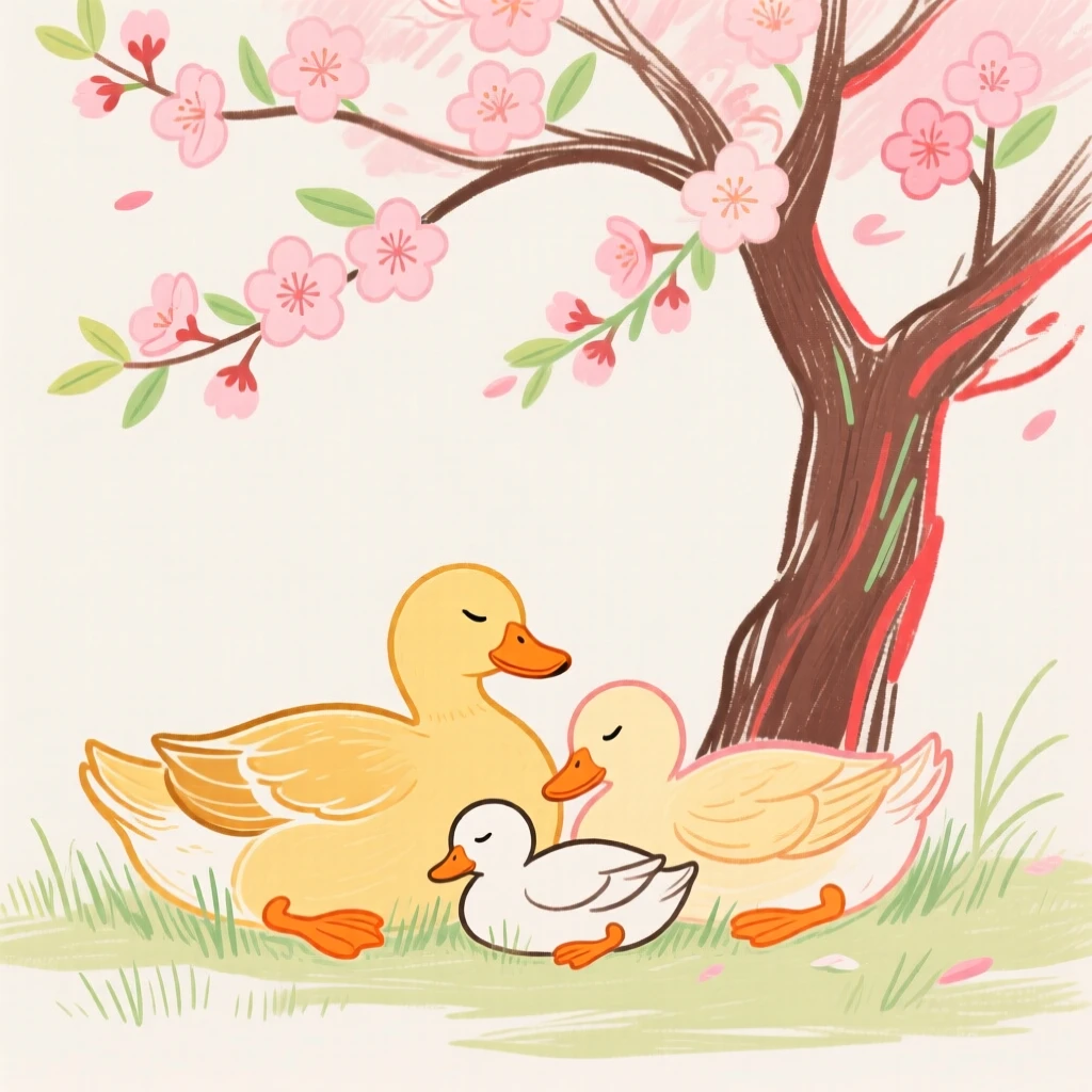A family of ducks napping under a blossoming tree in early spring.
