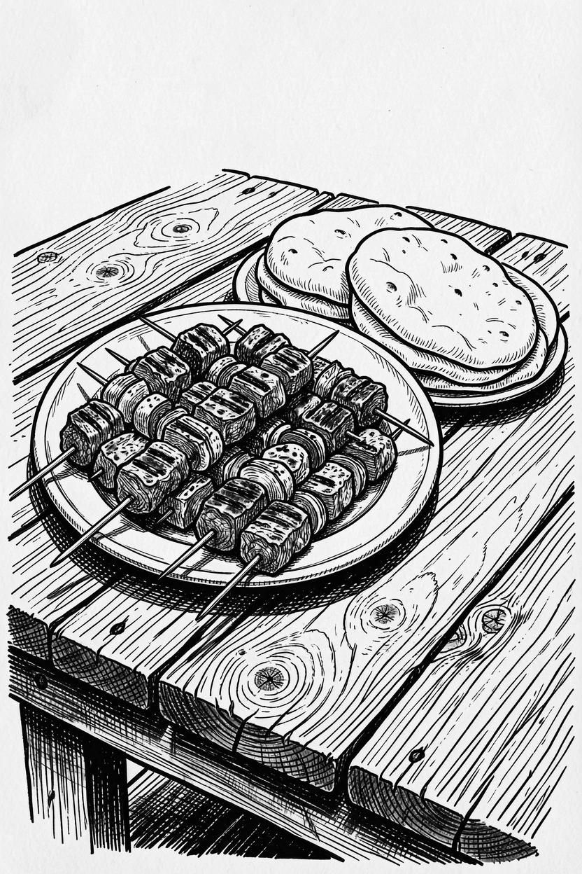 A rustic table with a spread of grilled kebabs and warm flatbread.