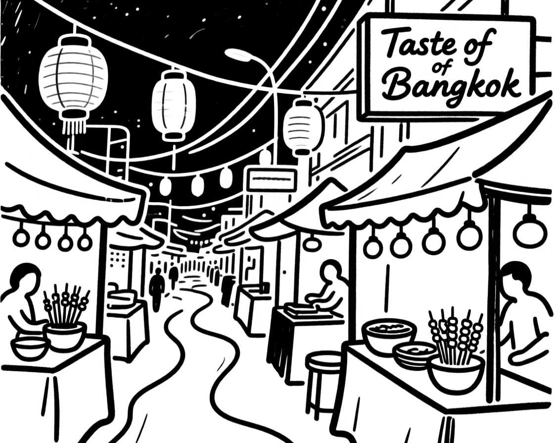 A bustling night market in Bangkok filled with street food stalls and lanterns.