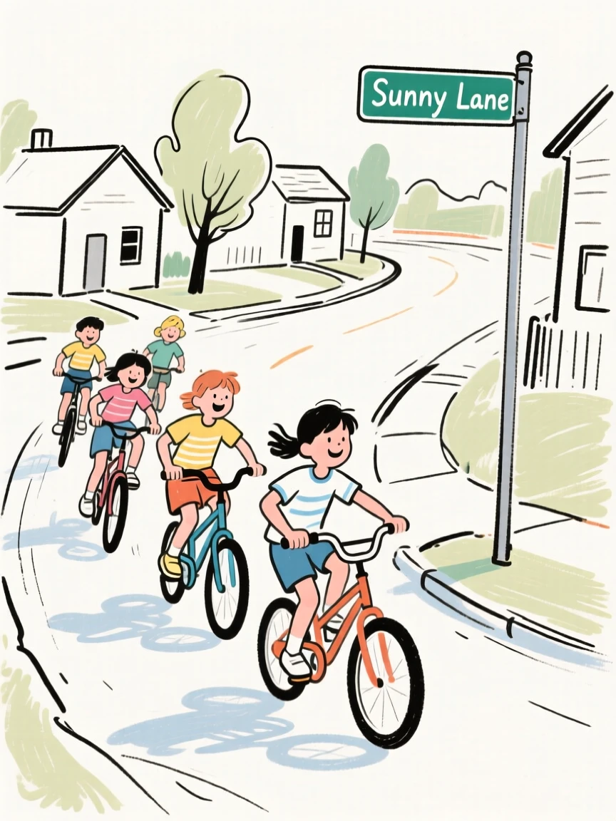 A group of children racing bicycles down a quiet neighborhood street.