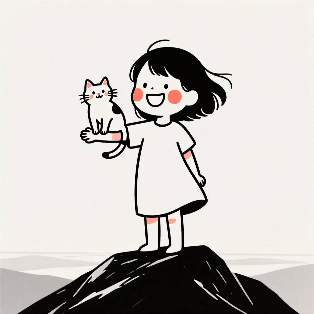 A young girl with a playful kitten, grinning mischievously, on a mountaintop overlook.
