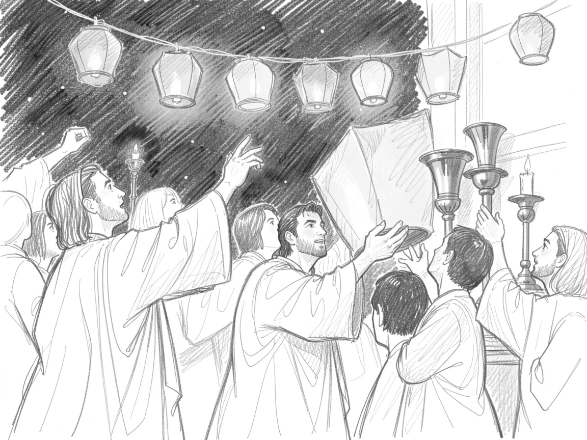 Worshippers releasing glowing paper lanterns into the sky, beneath strings of glowing lanterns, with golden light glinting off polished brass.
