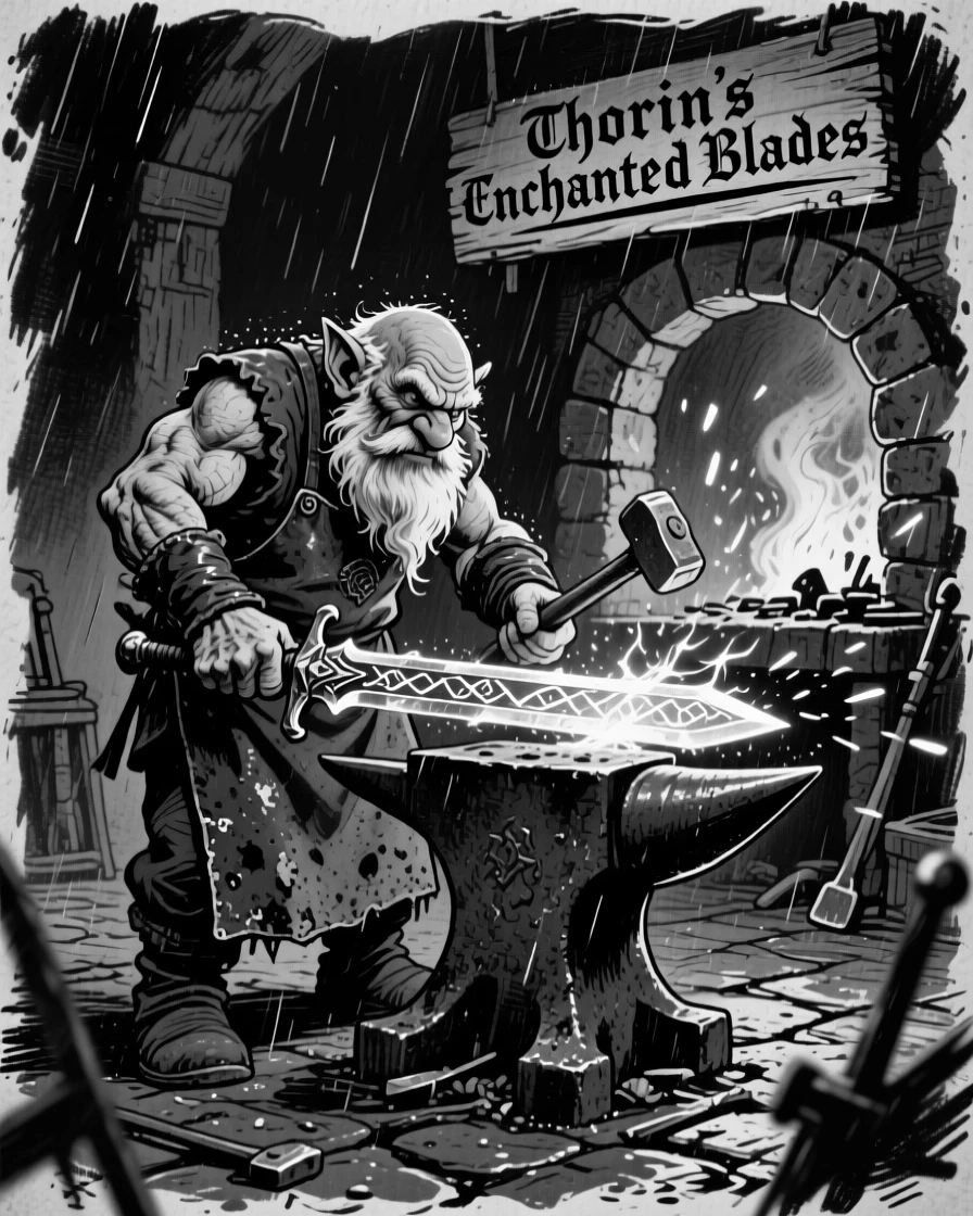 A dwarf blacksmith forging an enchanted sword, as gentle rain patters down around them.