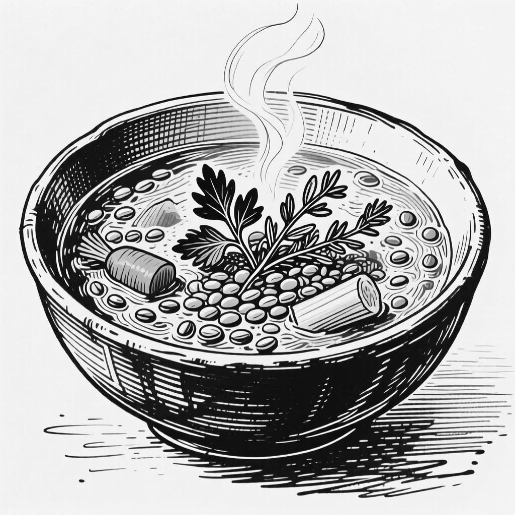 A bowl of hearty lentil soup garnished with fresh herbs.