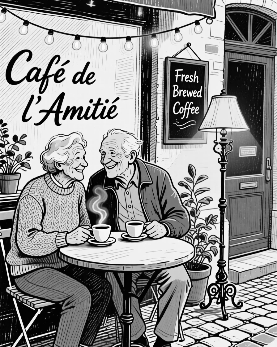 Two old friends sharing coffee at a small table beneath the glow of string lights, with the glow of a nearby lamp softening the scene, creating a genuinely uplifting lifestyle scene.