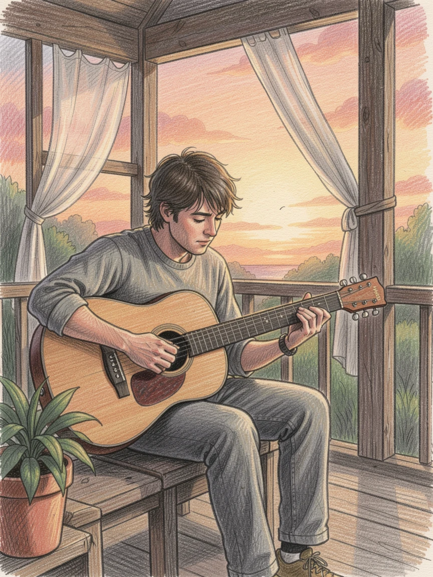 A guitarist strumming quietly on a porch at sunset, with delicate details that reward a closer look, celebrating a moment people would love to revisit.