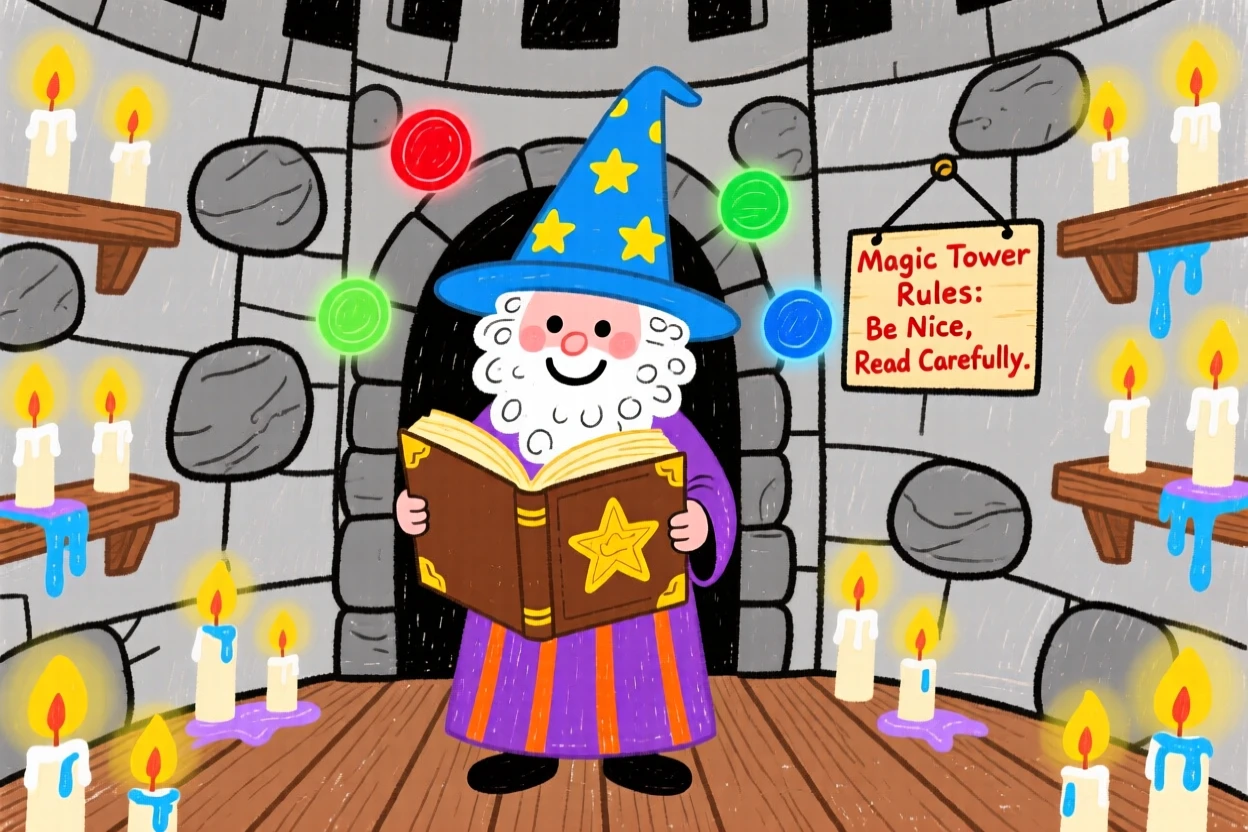 A wizard reading an ancient spellbook in a tower filled with candles.
