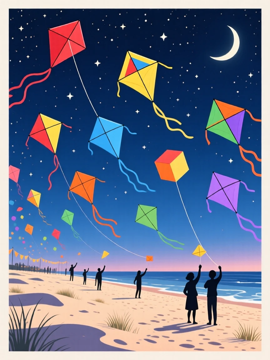 A colorful kite festival filling the sky above a beach, under a starlit evening sky, framed with a sweeping wide-angle perspective, with a nostalgic, postcard-like charm.