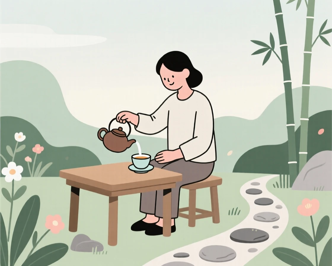 A person brewing a pot of tea in a peaceful garden.