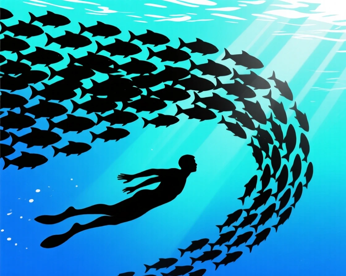 A diver swimming alongside a massive school of fish in open water.