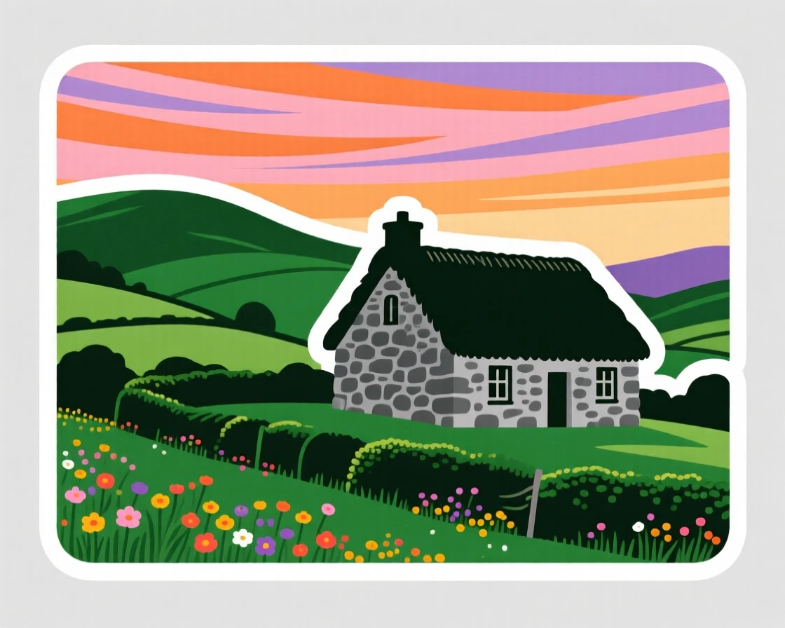 A culturally vibrant Irish green countryside with a stone cottage, under a sky streaked with warm colors, in a moment worth remembering forever.