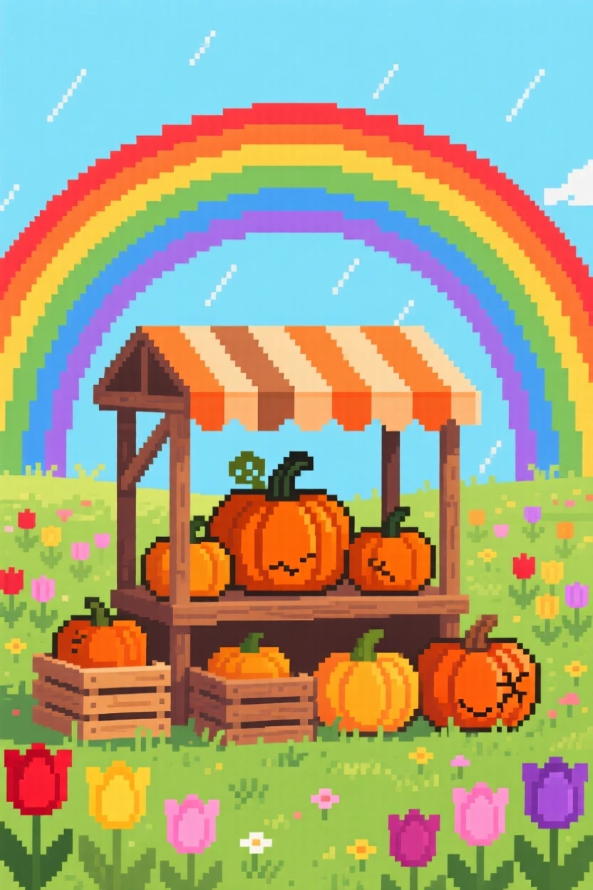 A market stall selling autumn pumpkins framed by a rainbow after summer rain, in a sunlit spring meadow full of tulips.