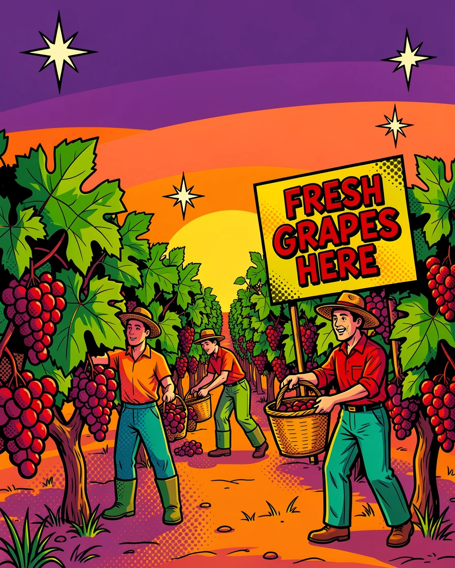 A vineyard at sunset during grape harvest