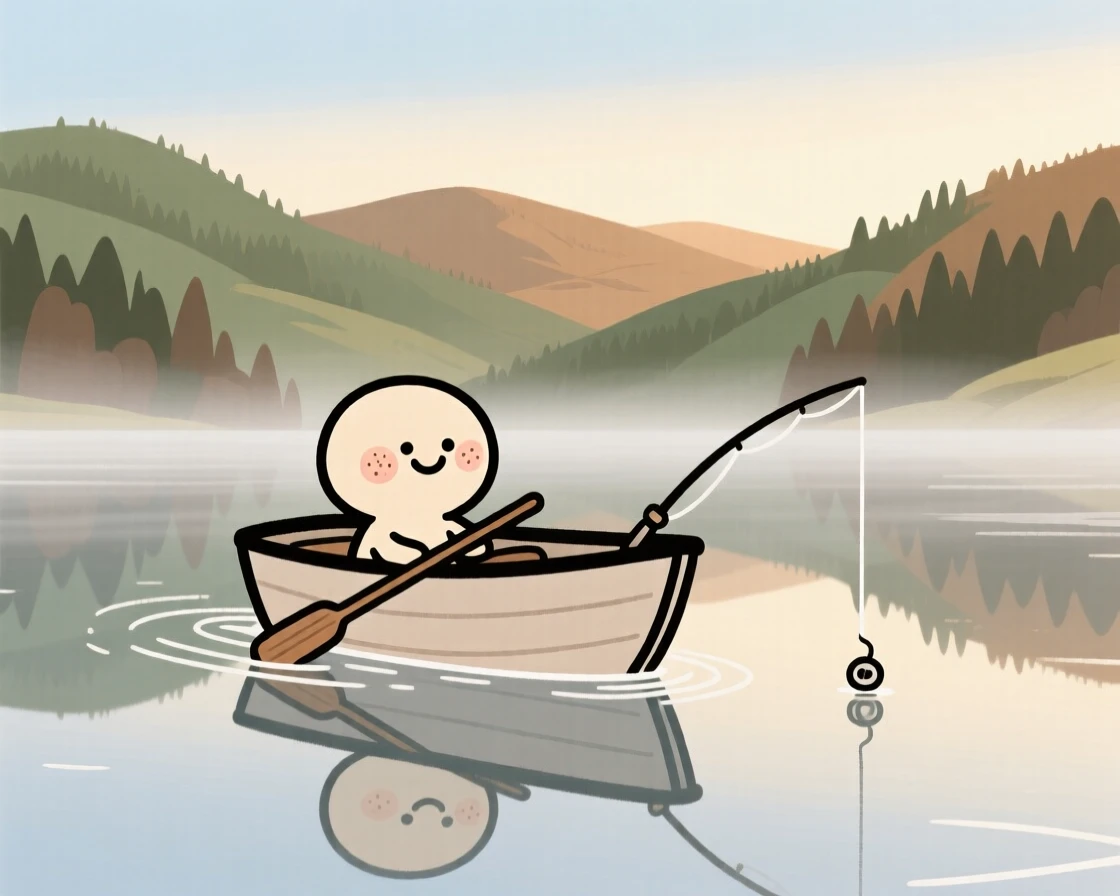 A lone fishing boat drifts across a glassy alpine lake as soft morning mist stretches across the surface and forested hills rise in the distance.