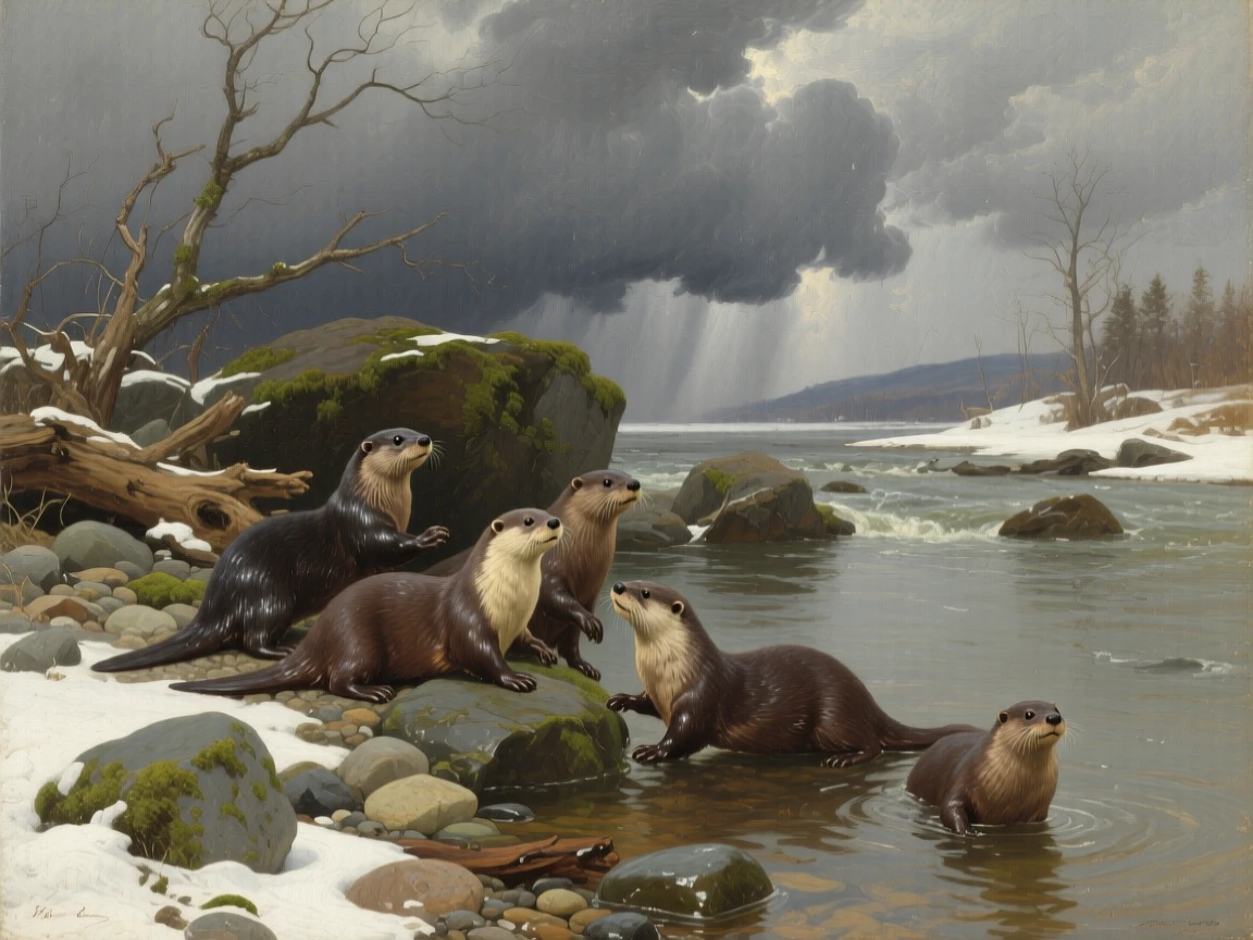 A balanced composition of a family of otters playing along a rocky riverbank, beneath heavy grey storm clouds, in the quiet stillness of midwinter.