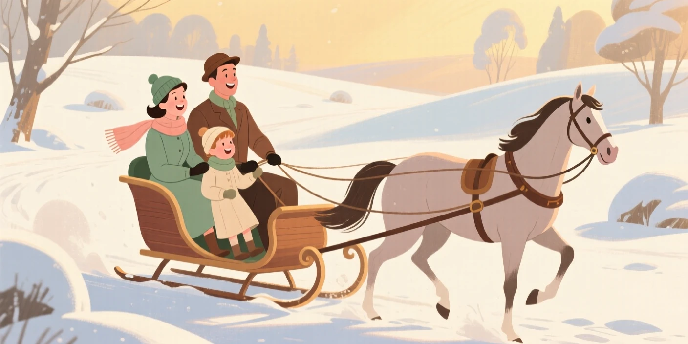 A family enjoying a sleigh ride through a snowy countryside