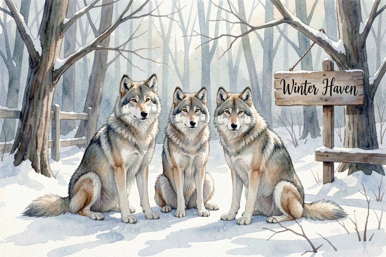 A wolf pack in a snowy forest in a snowy backyard looking curiously at the viewer.