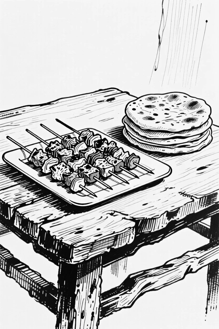 A rustic table with a spread of grilled kebabs and warm flatbread.