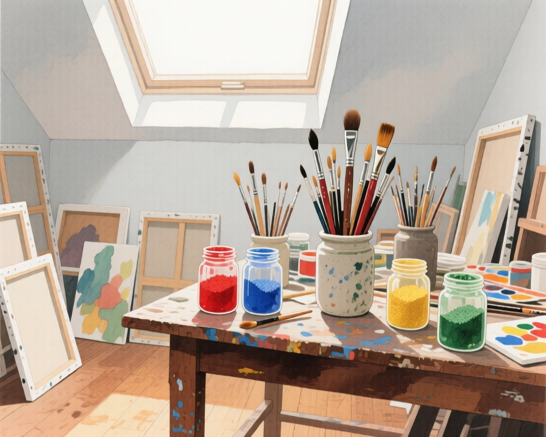 A cluttered artist's studio filled with paintbrushes, half-finished canvases, and jars of colorful pigments beneath a skylight