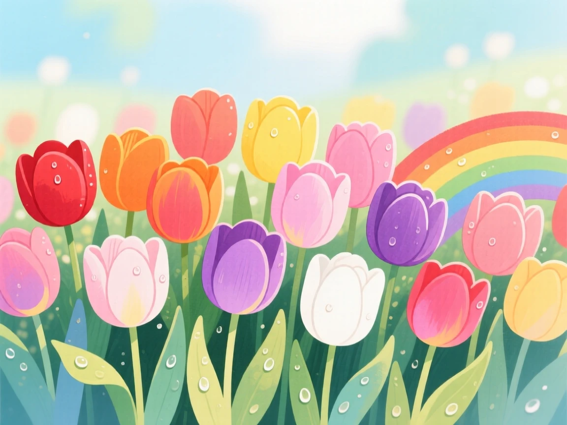 A bed of tulips in every color glistening with morning dew.