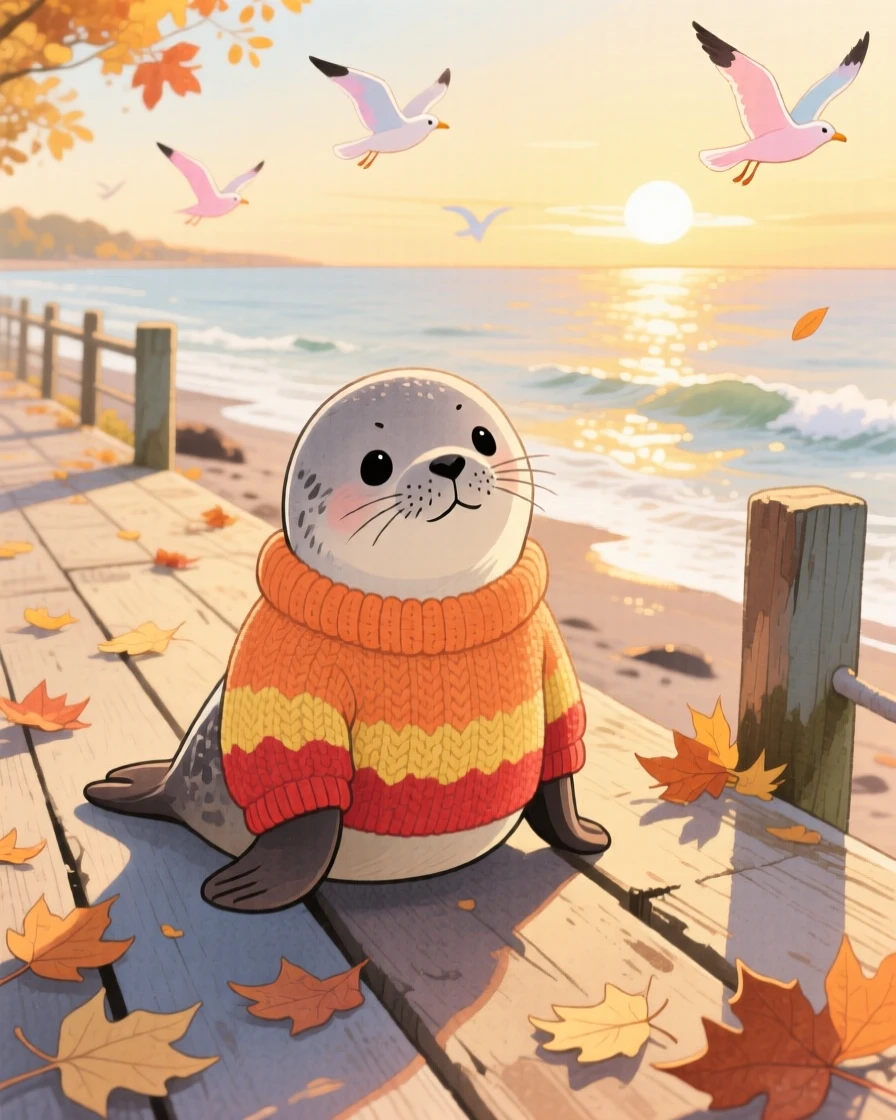 A baby seal wearing a tiny knitted sweater on a crisp autumn day, set in a seaside boardwalk at golden hour, brimming with cozy comfort.
