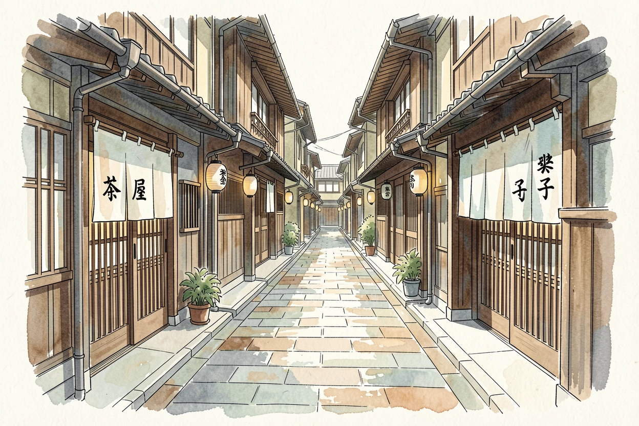 A quiet alley in Kyoto lined with traditional wooden shopfronts, the streets quiet in the soft light of early morning.