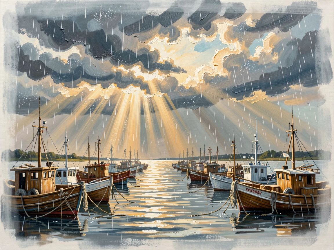 Above a calm harbor filled with fishing boats, sunbeams breaking dramatically through parting clouds, raindrops beginning to fall in scattered patterns, beneath a sky shifting rapidly between light and shadow.