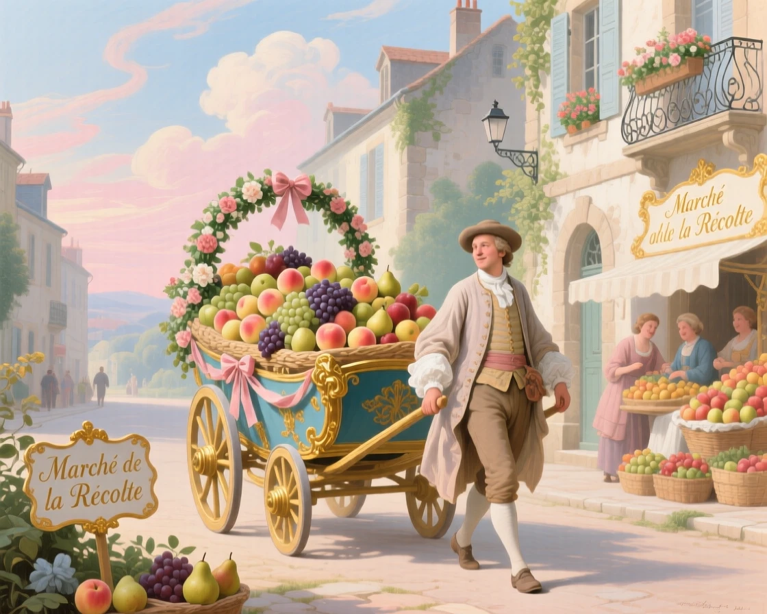 A farmer leading a decorated cart of harvest fruit into town  
