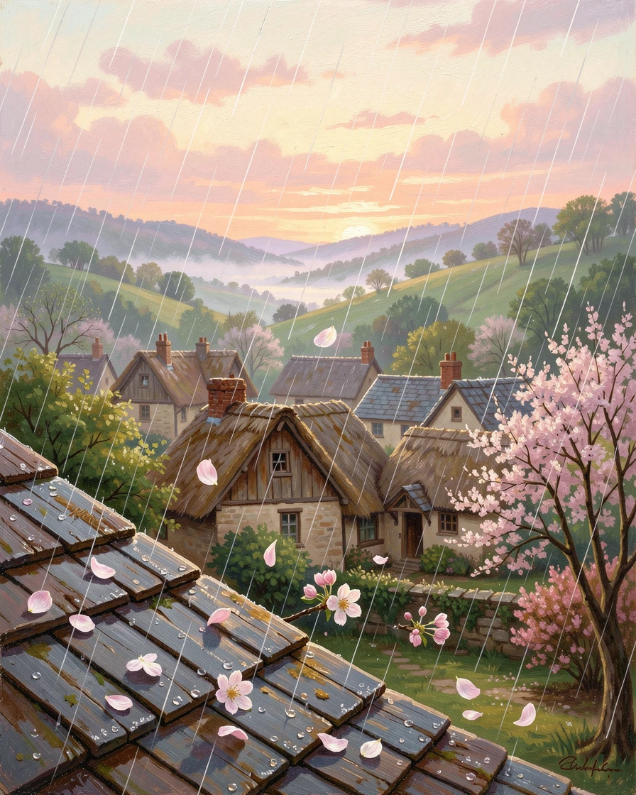 A gentle spring rain sway gently in a village rooftop at dawn while petals drift on the breeze.