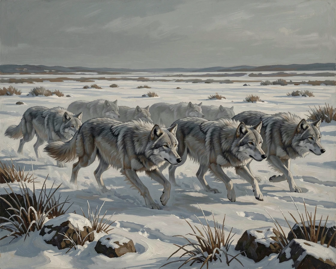 A pack of spectral wolves running silently across a snow-covered field, with a sense of scale that conveys awe and grandeur, designed to captivate the imagination while feeling grounded in realism