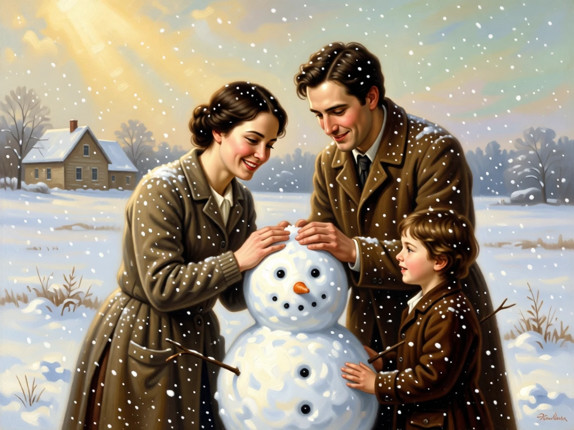 A young family building a snowman together in a fresh snowfall as gentle affection passes easily between generations, set within a sunlit meadow just beyond a quiet farmhouse, with soft golden light catching genuine, unguarded smiles; a soft, blurred background keeps the emotional connection in sharp focus, capturing a fleeting moment worth holding onto forever.